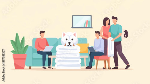 Family gathering with a dog and laptop