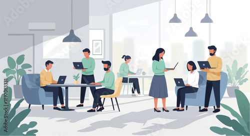 Diverse team collaborating in a modern office with laptops and plants