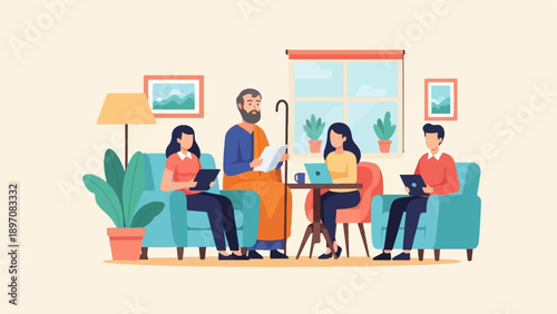 Family gathering inside a room, with a father reading to his children