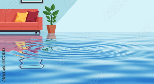 Flooded living room with sofa and plant. Ripples on water surface