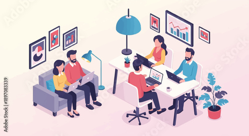 Diverse team collaborating in a modern office space with laptops and charts