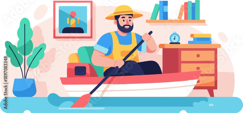 Flooded room with man in boat paddling past desk and plant