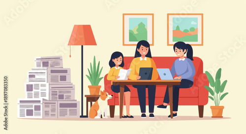 Family gathering in a living room, dog, plants, newspapers, and artwork