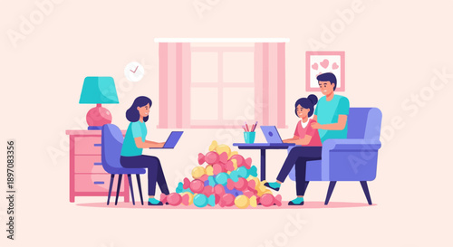 Family working together at home with a mountain of candy