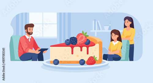 Family gathering around a large slice of berry cheesecake in a cozy room