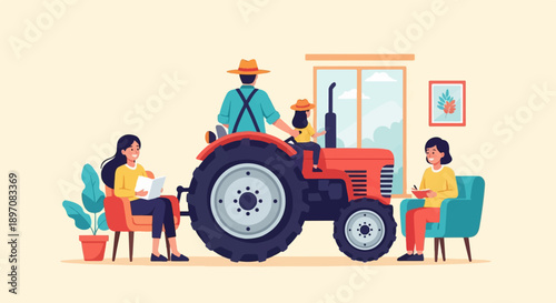 Family with tractor in cozy room, one reading, one writing, one driving