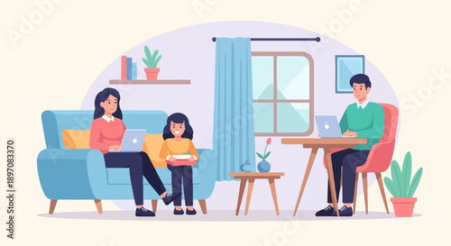 Family working and studying together at home with laptops and books