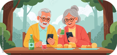 Elderly couple enjoys a picnic and digital connection outdoors amidst trees