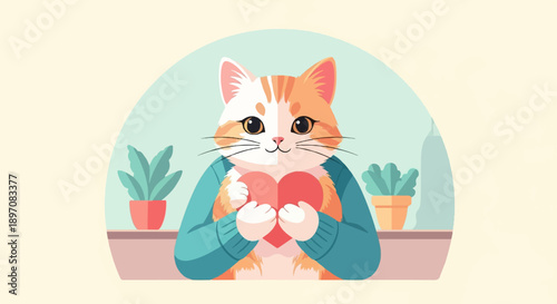 Fluffy cat in a sweater holds a heart between two potted plants