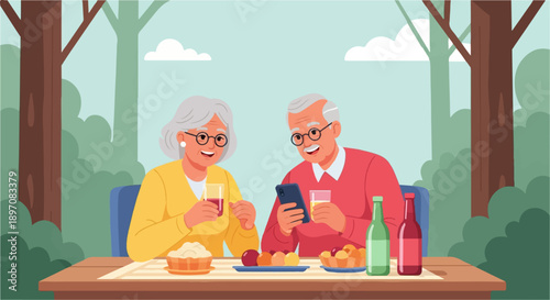 Elderly couple enjoying drinks and snacks outdoors while looking at a smartphone