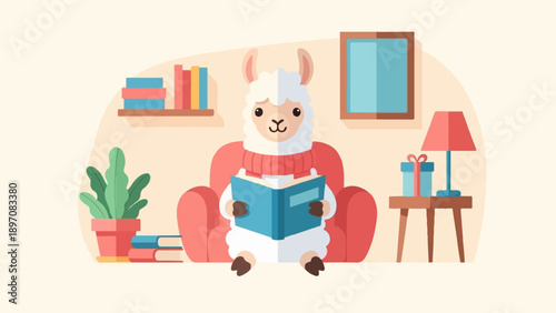 Fluffy alpaca in armchair, wearing sweater, reading a book indoors