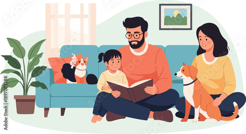 Family with pets enjoying a cozy indoor reading session