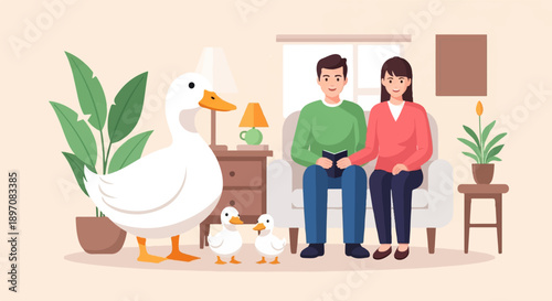 Family with ducks in living room