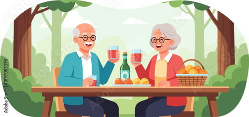 Elderly couple enjoys a picnic with drinks and fruit amidst a lush, green forest setting