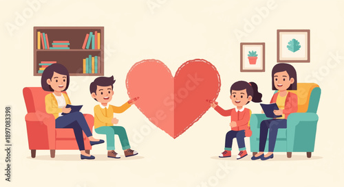 Families connect and create a heart symbol during therapy