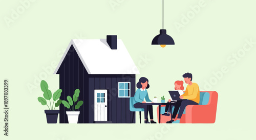 Family gathered indoors with house and plants under a hanging light