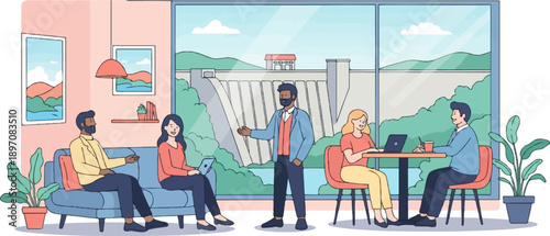 Diverse team collaborating in modern office with dam view