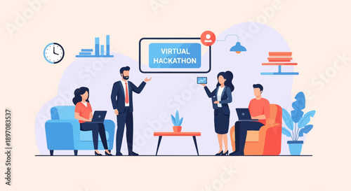 Diverse team collaborating on a virtual hackathon project