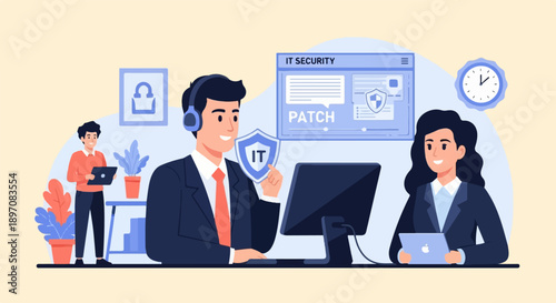 Diverse team collaborating on IT security solutions and system updates