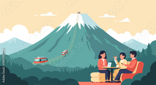 Family enjoys scenic view of snow-capped mountain from cafe with cable car