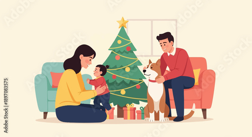 Family and dog celebrating Christmas by the tree with gifts