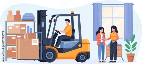 Forklift in warehouse moving boxes, two women talking nearby