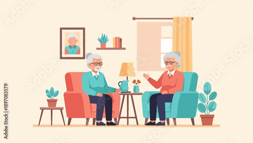 Elderly couple relaxing indoors with a small dog and potted plants