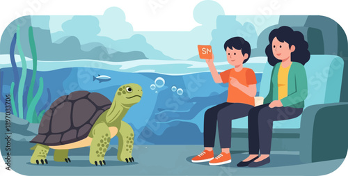 Family visits a large tortoise at an aquarium exhibit