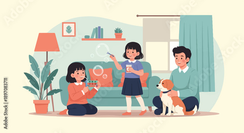 Family and dog enjoying a day of bubble fun indoors in a cozy living room