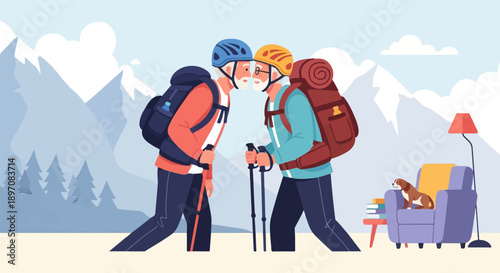 Elderly couple with backpacks about to kiss in front of a mountain range