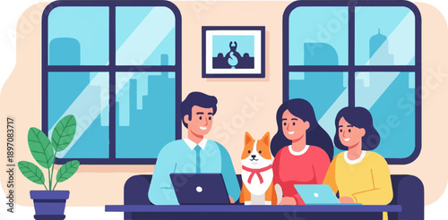 Diverse team members work remotely with a dog and plant in a bright office