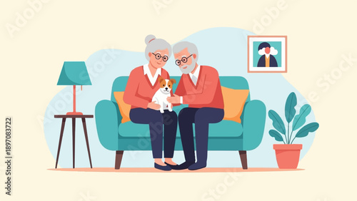 Elderly couple with a dog on a sofa, surrounded by home decor