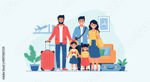 Family traveling by plane, with luggage and excited children