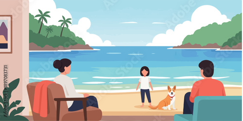 Family enjoys a relaxing beach view from indoors with their dog