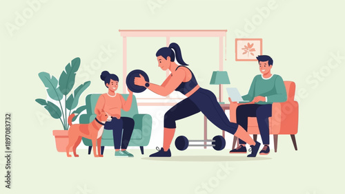 Family and dog in living room with one exercising and another on laptop