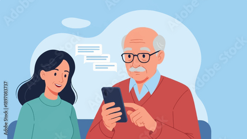 Elderly man and young woman use smartphone to communicate via text