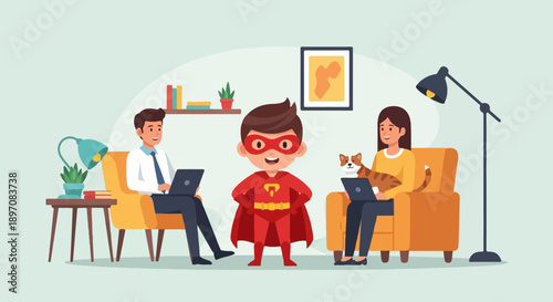 Family together, working and playing in cozy home environment