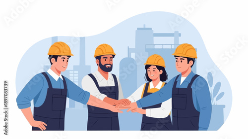 Diverse team of construction workers in hard hats and overalls stacking hands