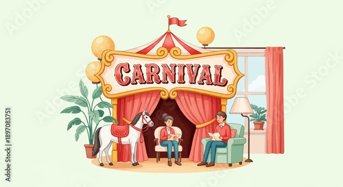 Family enjoys a quiet carnival scene indoors, reading books