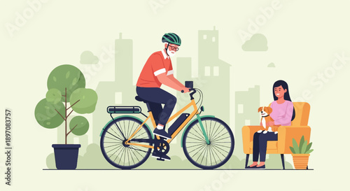 Elderly man cycles, woman relaxes indoors with small dog, urban backdrop