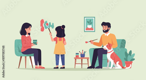 Family and dog paint a picture on the wall in a cozy living room