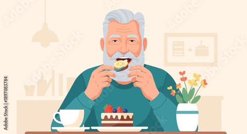 Elderly man enjoys a cake with fruit and a cup of coffee