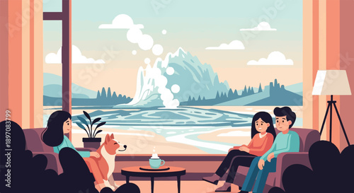 Family and dog relax indoors watching geyser erupt, serene natural view