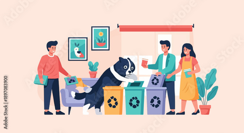 Family and dog sort recycling in a living room with plants and art