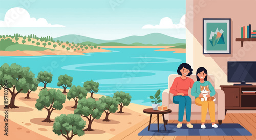 Family relaxing indoors with a serene lake and olive grove view