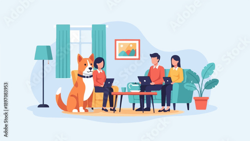 Family and dog working on laptops at home