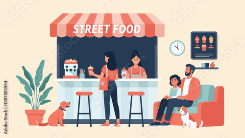 Family and dogs enjoy refreshments at a colorful street food stall