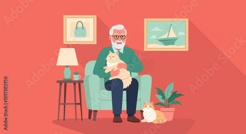 Elderly man sitting on chair with cats, inside a room