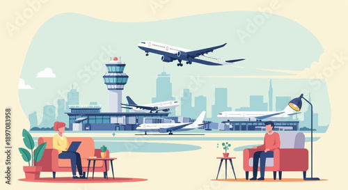 Flat illustration of an airport with airplanes and people relaxing