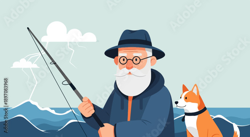 Elderly man with dog fishing at sea during a stormy weather